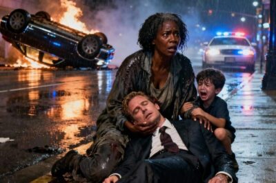 A homeless Black woman saved a millionaire and his child from an accident in the pouring rain — but one sentence he said before fainting shocked her so much that she immediately called the police…