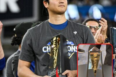 SHOCKING SCENE in Dodgers Clubhouse: Shohei Ohtani’s NLCS MVP Trophy Appears With a “Team Effort” Message That Left Everyone Speechless