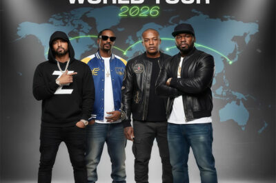 Snoop Dogg, Eminem, Dr. Dre, and 50 Cent have officially unveiled the complete schedule for their massive 2026 World Tour — a 32-date run spanning North America, Europe, and Australia. The announcement instantly ignited excitement across the music world, as fans prepare for what is being described as one of the most ambitious global tours in hip-hop history.