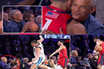 What began as a relaxed family night out quickly turned into one of the most talked-about moments of the NBA All-Star Game when Barack Obama unexpectedly found himself in the middle of the action. Seated courtside at the Intuit Dome alongside Michelle Obama and their daughter Sasha, the former president watched as a fast break suddenly spun out of control, sending the basketball flying toward the sideline — straight in their direction.