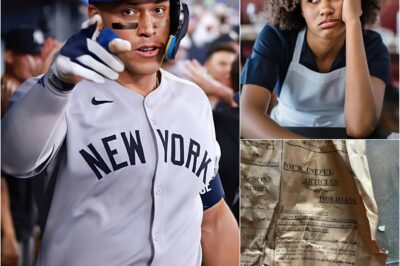 Lily, a 22-year-old waitress, had no idea that the quiet man she was serving was actually MLB superstar Aaron Judge. He ate calmly and discreetly, without drawing attention—no noise, no showmanship, just quiet humility. When he stood up to leave, Judge gently placed a neatly folded note on the table, accompanied by a warm, understated smile. When Lily opened it, she burst into tears—that single moment would mark a completely life-changing turning point in her life.